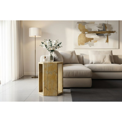 Table de chevet hexagonale en marbre espagnol à haute brillance de luxe, longueur latérale de 16 cm, dimensions latérales de 40 cm x 32 cm, haute, facile à nettoyer