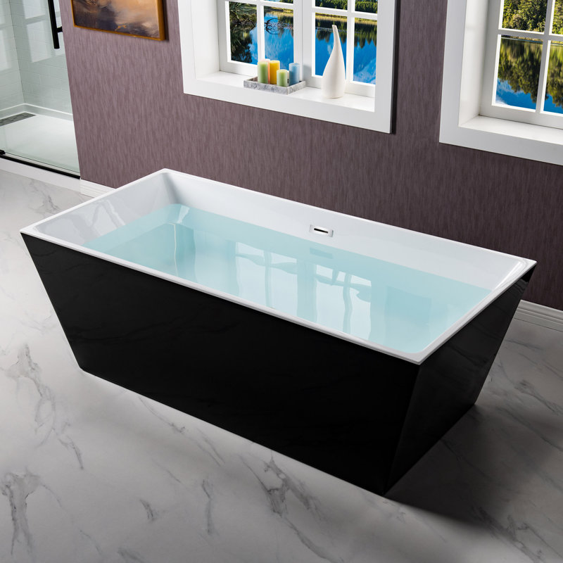 67" x 32" Freestanding Soaking Acrylic Rectangular Bathtub, Non-Slip Design, Glossy Black, Chrome