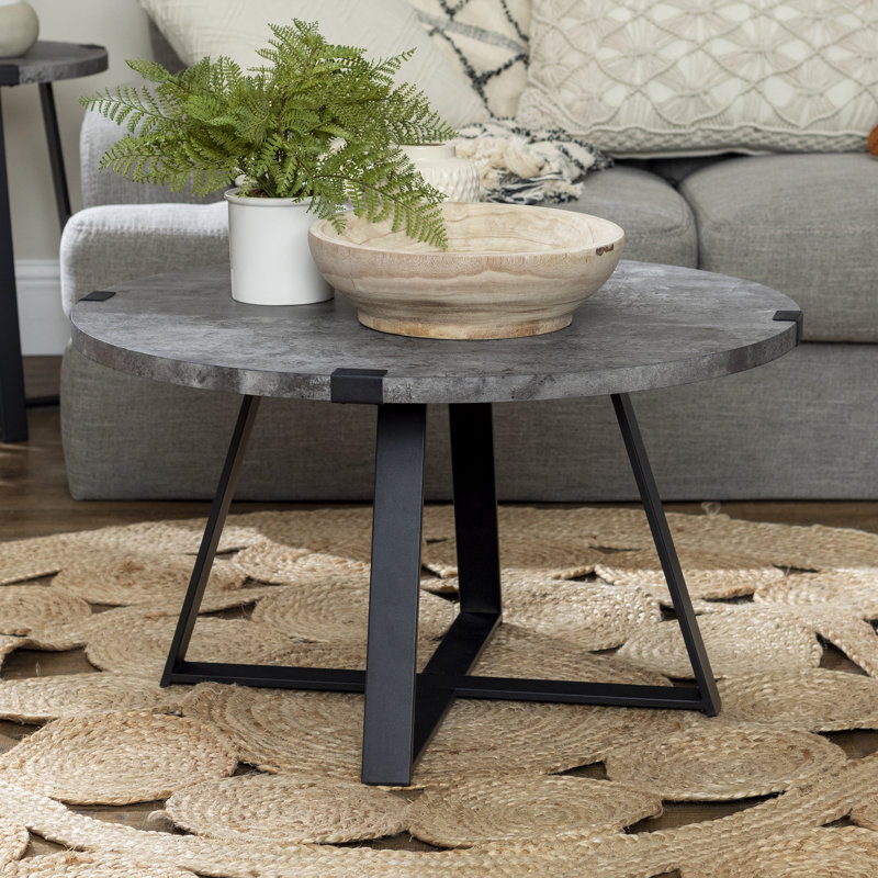 Table basse ronde à pieds croisés Paramus, Béton foncé, Noir