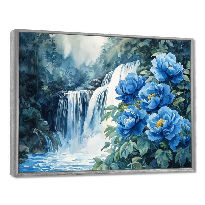Pivoines par la cascade V - art mural pivoines, H 16 po x l 32 po, Reproduction avec cadre flottant, Argent argent