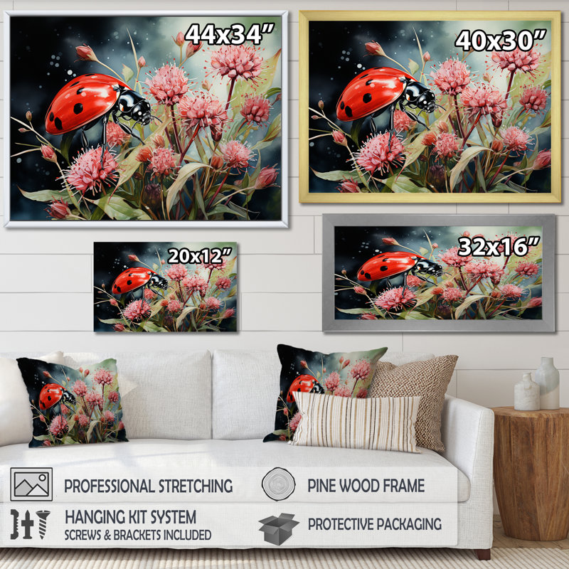" Botanical Landybug Harmony I ", Black Floater Framed, 34" H x 44" W x 1.5" D