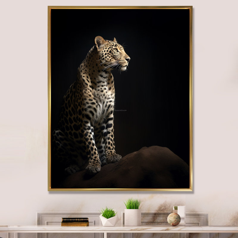 Superbe Portrait de faune léopard I - reproduction sur toile, H 40 po x l 30 po x P 1,5 po, Cadre flottant doré
