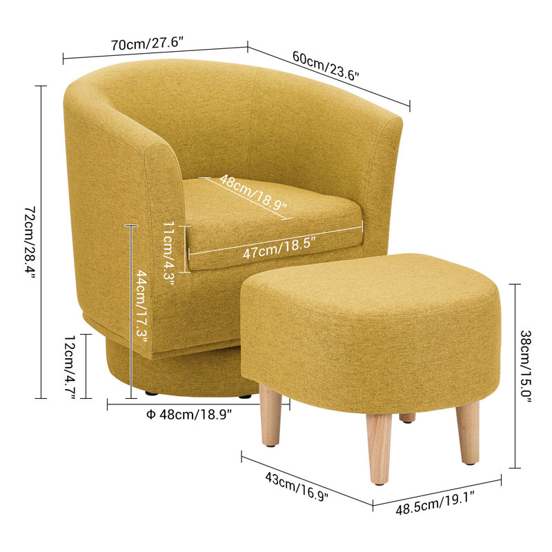 Sharolynn Upholstered Linen 27.6" Wide Swivel Barrel Chair with Ottoman, Yellow Linen