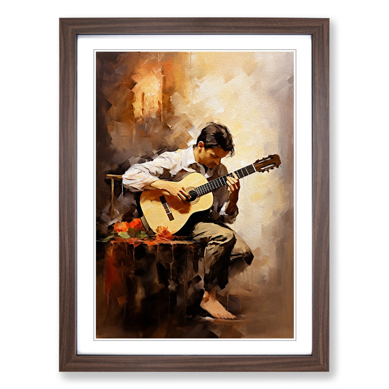 XYZ-FRM-V1223-1755 Acoustic Guitar Impressionism No.2 - Single Picture Frame Print on Wood, 46cm H x 34cm W x 2cm D, Walnut 