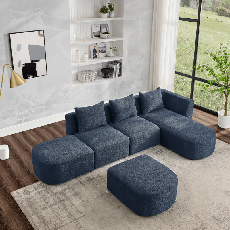 Canapé modulaire en forme de L comprenant deux sièges simples, une méridienne à gauche et deux repose-pieds, un canapé modulaire, une combinaison de bricolage et un tissu à boucles