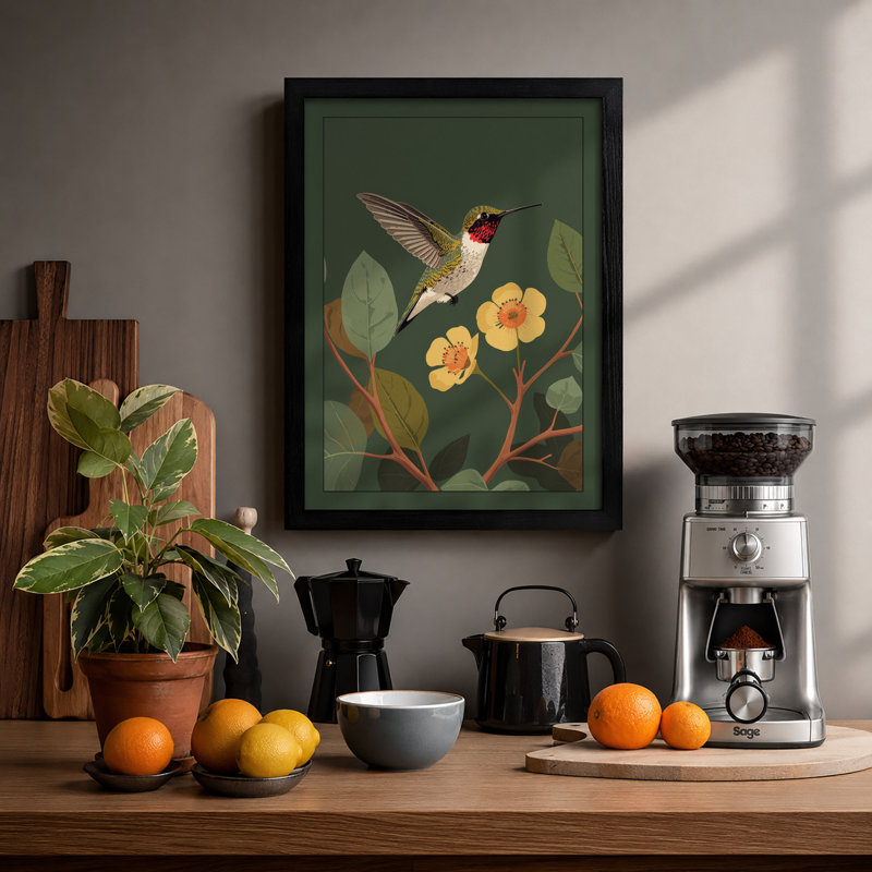 Hummingbird and Blossoms Botanical - Framed Print, Black, A4 - 29.7 x 21.0 cm