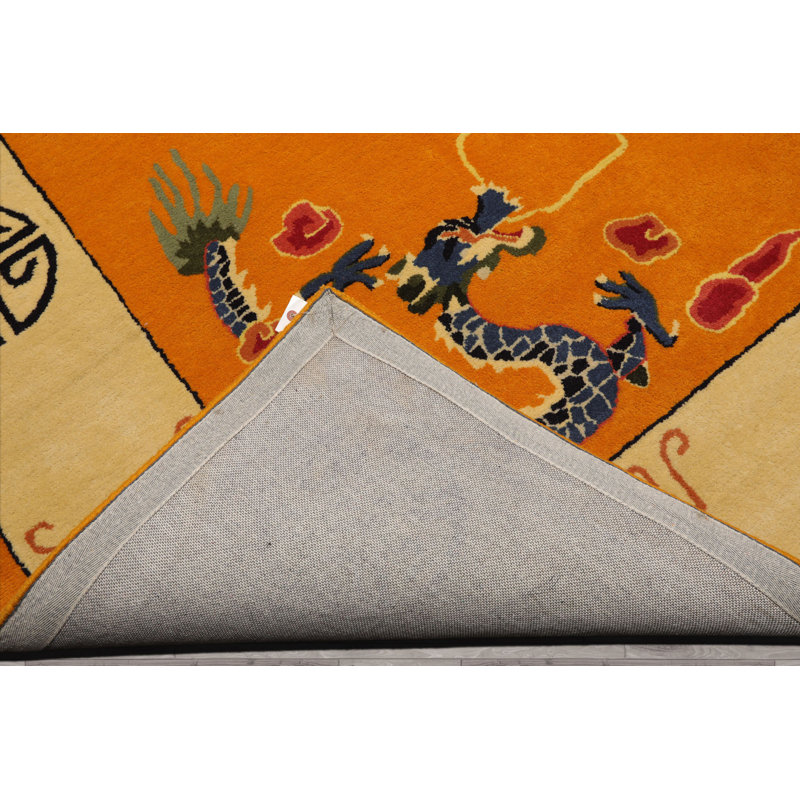 Tapis art déco chinois en laine touffeté à la main à plusieurs médaillons et dragon, Rectangle 9 pi x 12 pi
