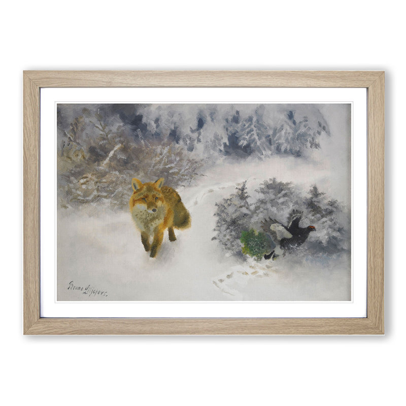 Fox and Black Grouse Cock by Bruno Liljefors - Picture Frame Painting, 27cm H x 36cm W x 2cm D, Oak Framed