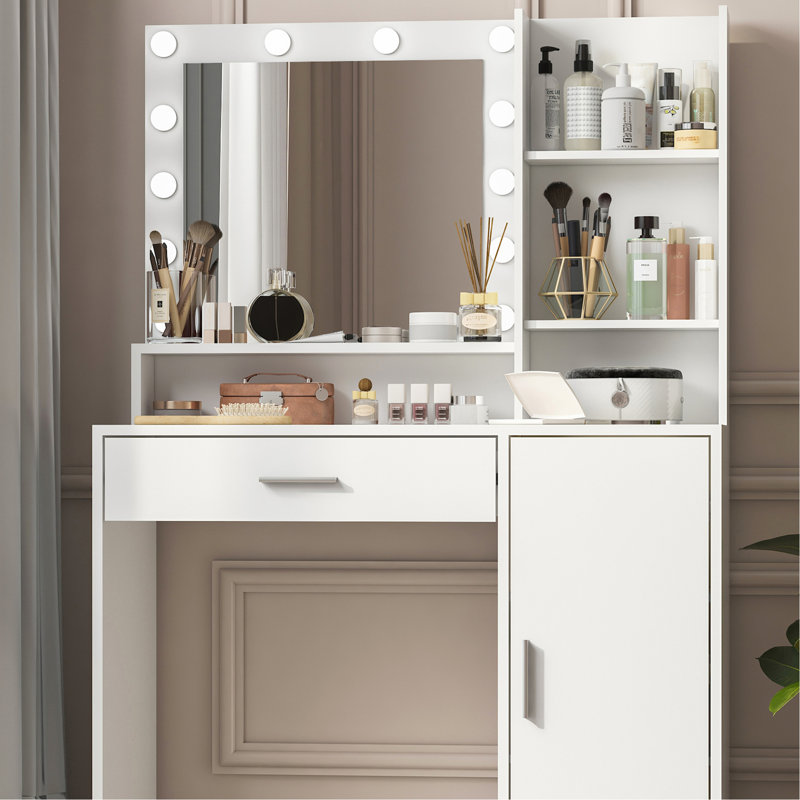 Bureau de coiffeuse avec miroir et lumière, commode de rangement à trois niveaux avec grand tiroir, 3 modes d'éclairage à luminosité réglable, coiffeuse de chambre à coucher (blanc)