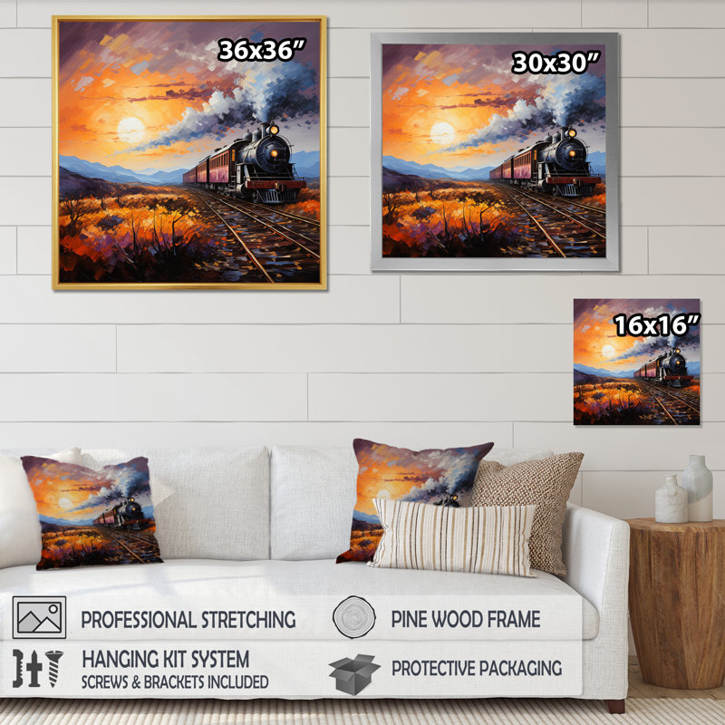 Abstract Train Sunset Express Pointillism I - Transportation Wall Art Prints, H 36 po x l 36 po x P 1,5 po, Cadre simple noir