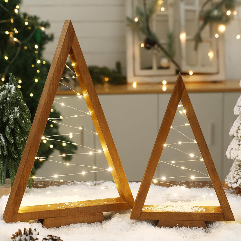 Arbre de Noël illuminé en bois, ensemble de 2 décorations de table faites à la main - Arbre de Noël rustique avec lumières DEL blanc chaud
