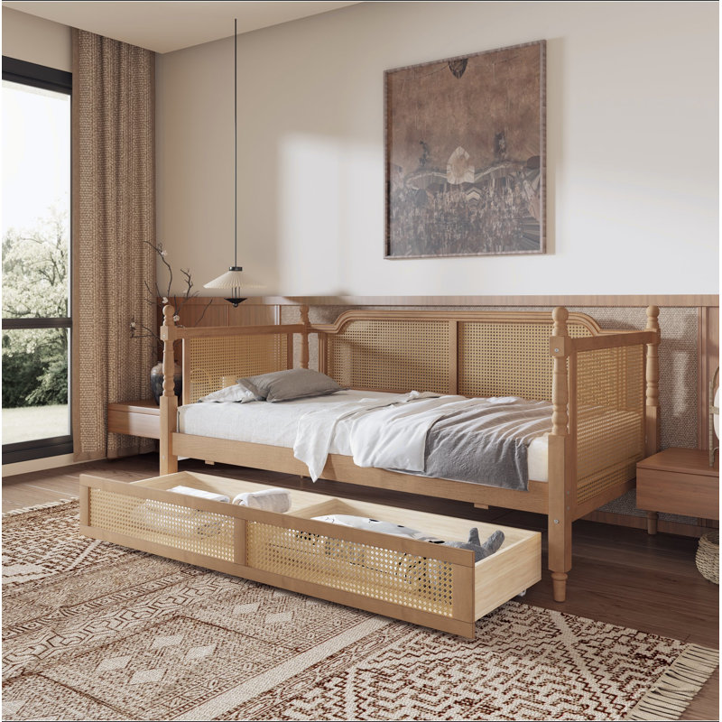 Lit de jour en rotin de style traditionnel avec 2 tiroirs pour un espace limité, chambre d'amis, aucun sommier nécessaire (matelas non inclus)