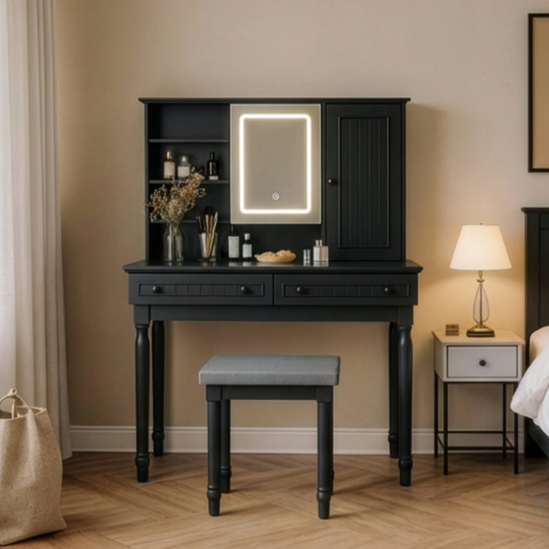 42.24'' W Vanity With Stools And Mirrors, Black