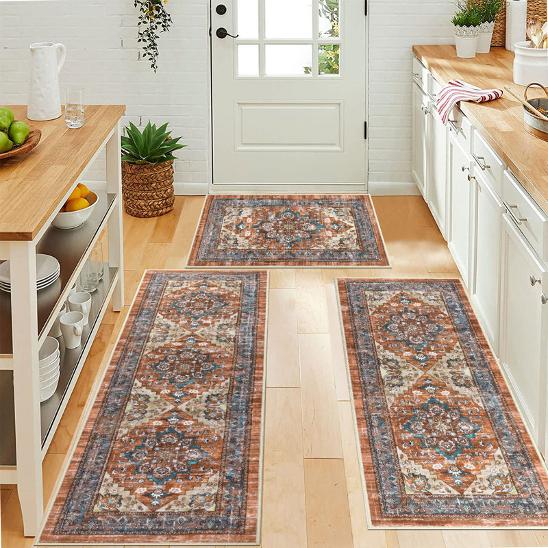 Red and Beige Polyester Non-Slip Washable Kitchen Mat Set