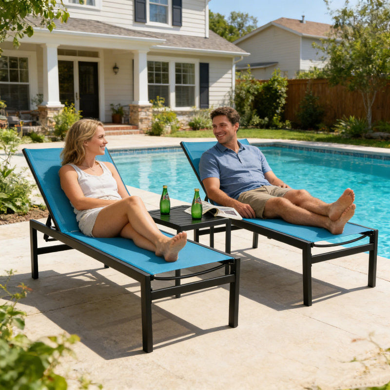 Chaise longue d'extérieur Kozyard 2 pièces, structure en aluminium thermolaqué, tissu Textilène, chaise longue inclinable réglable pour terrasse, piscine, bronzage et jardin (bleu).
