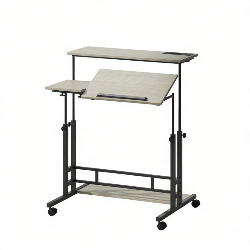  Bureau debout mobile réglable de 23,4 po à 37,4 po, bureaux d'ordinateur mobile avec station de charge et roues, chêne