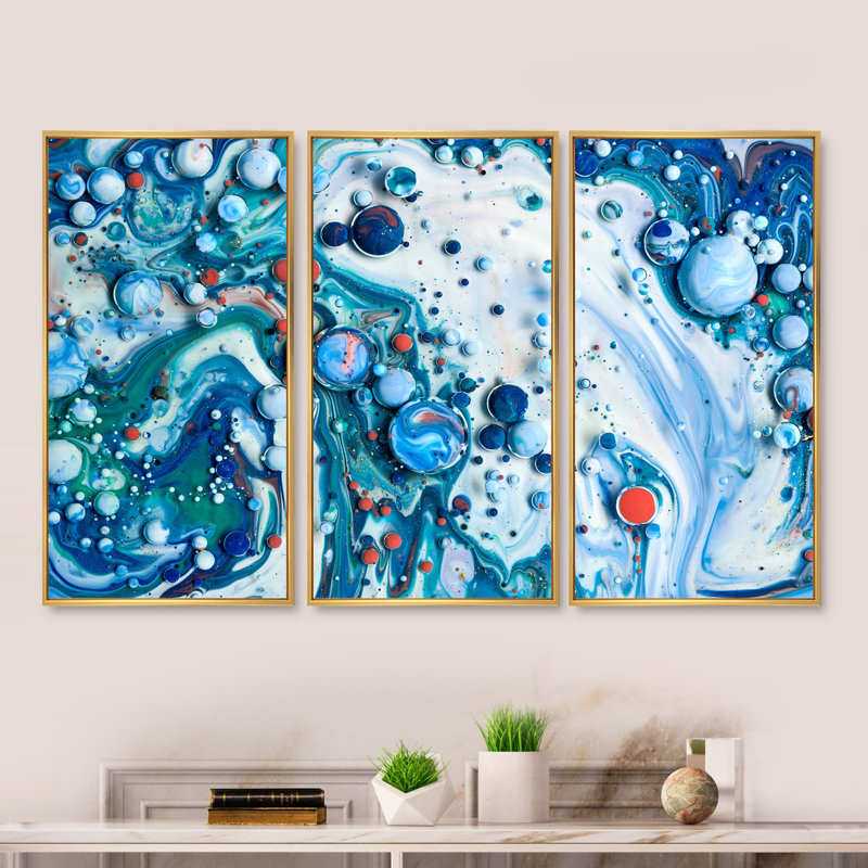 «Blue Luxury Abstract Fluid Art XXIII», ensemble d'art mural moderne sur toile encadrée, H 32 po x l 48 po x P 1 po, Or