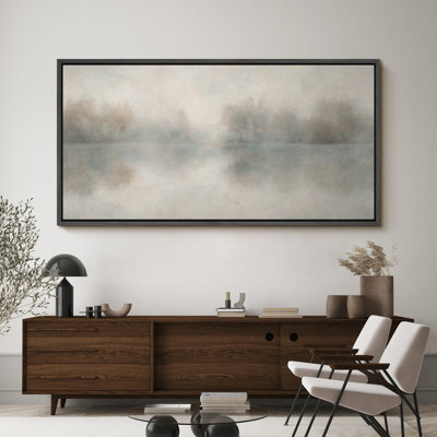 Misty Forest Reflection Large Framed Canvas Print Wall Art, Calm Neutral Decor