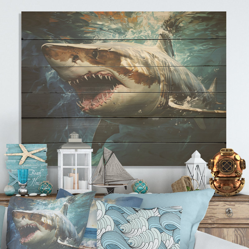 Sark Mako Momentum I - Shark Wood Art On Natural Pine Wood, 30" H x 40" W