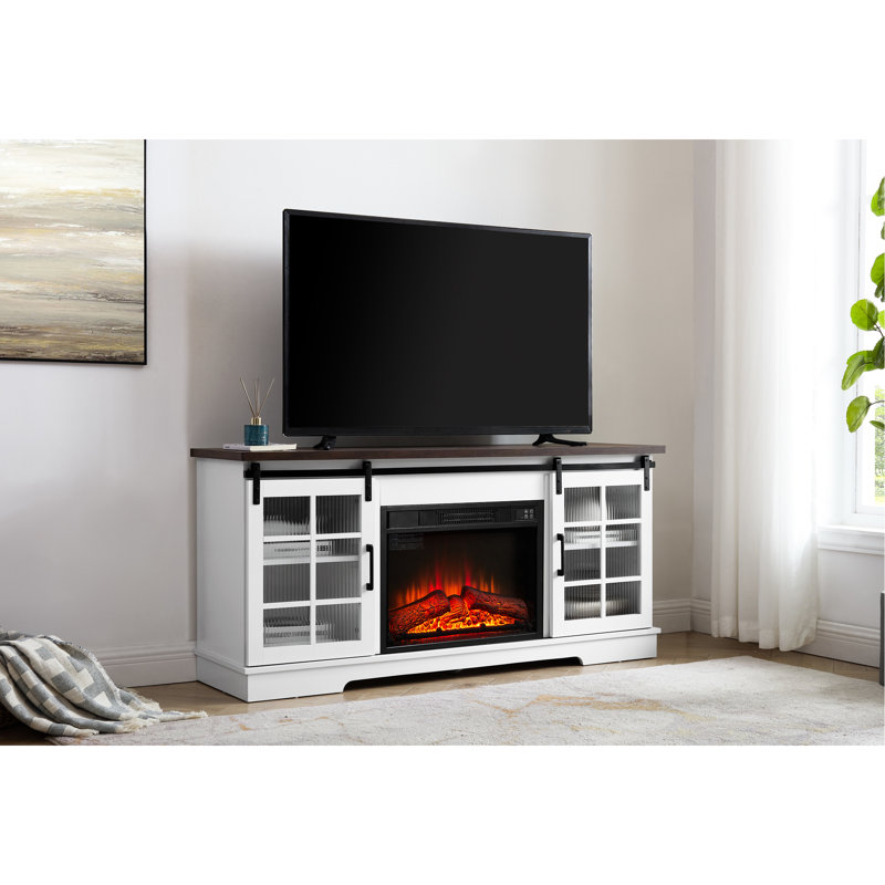 Meuble télé 65 po avec portes coulissantes et foyer, blanc et brun, bureau pratique avec foyer de 23 po - s'adapte à la télévision et offre un grand espace de travail