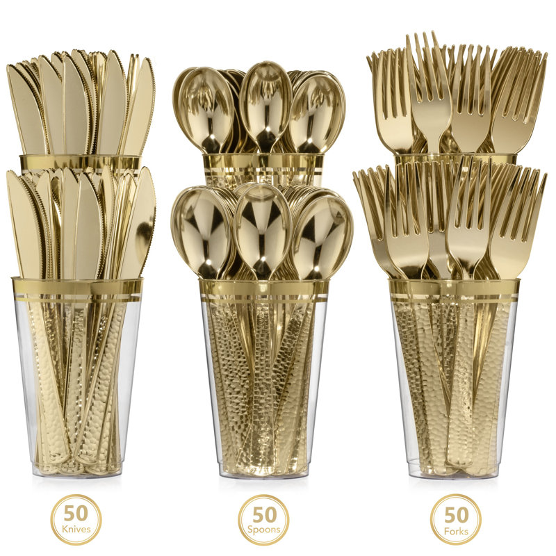 Perfect Settings Tableware 150 Pieces Gold Plastic Disposable Cutlery Set - Metallic Plastic Silverware With A Hammered Finish-50 Sets (Set of 150)