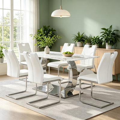 Chaises de salle à manger modernes rembourrées, chaises d'appoint en similicuir avec pieds en métal argenté, chaises de cuisine ergonomiques à dossier haut pour salle à manger, cuisine, bureau, ensemble de 6