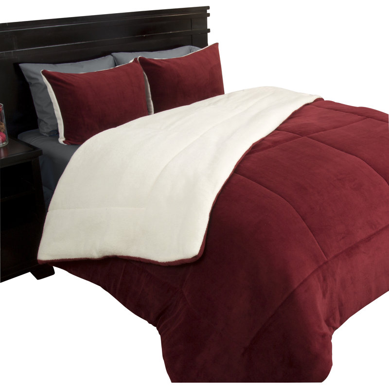 King Burgundy Reversible Sherpa Fleece Comforter Set