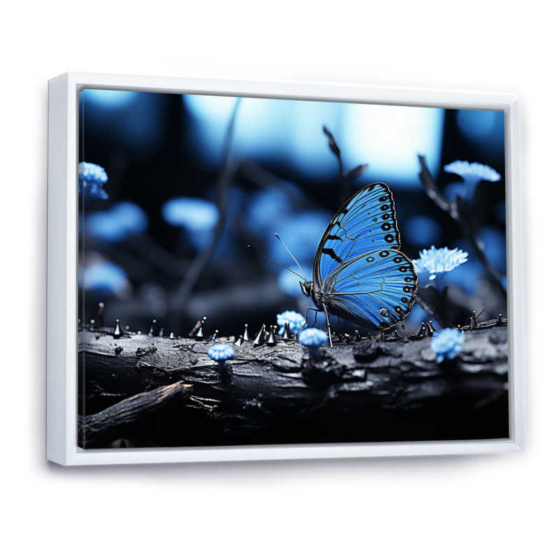 Forêt de papillons bleu forêt - impression, H 16 po x l 32 po x P 1 po, Cadre flottant blanc