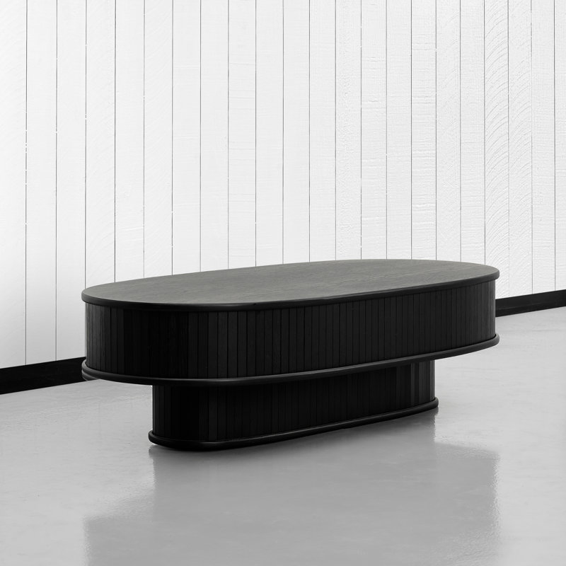 NTC STREAM DOU Coffee Table Modern Double-Layer Oval Wooden Center Table with Vertical Groove Design, Stylish Living Room Decor, Contemporary Minimalist Style for Home and Office, Easy Assembly
