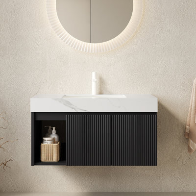 Meuble-lavabo suspendu de 91 cm avec lavabo, comptoir en pierre frittée blanche de Carrare, 1 trou de robinetterie, noir