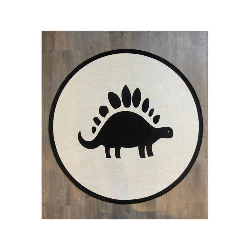 Dinosaur Figured Black And White Minimalist Round Carpet, Round 4'