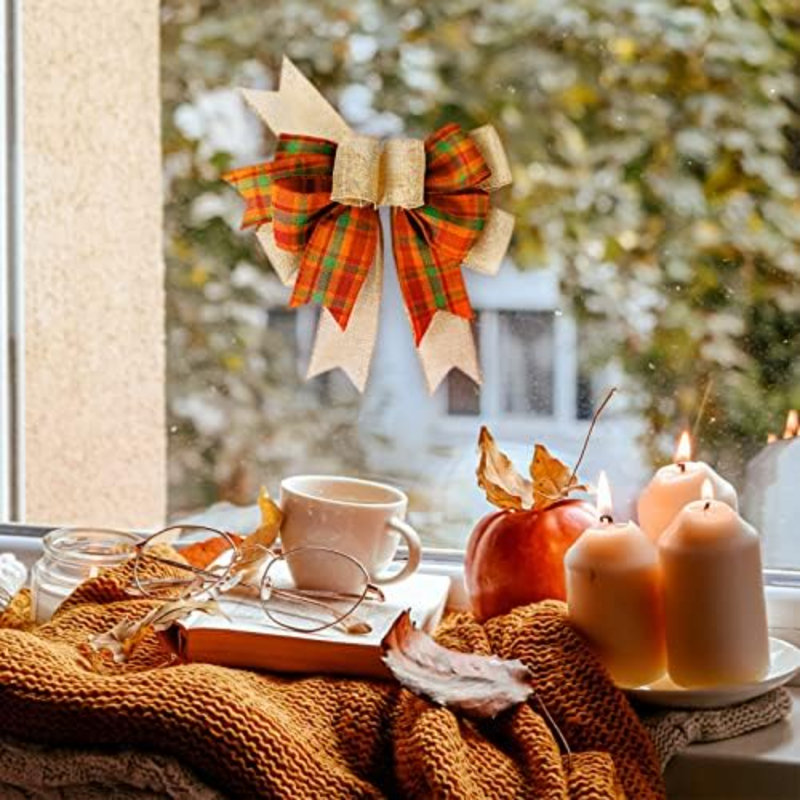 Nœuds d'automne pour couronnes, nœud en toile de jute à carreaux orange et motif Buffalo, idéal pour décorer le sapin de Thanksgiving, intérieur et extérieur (9,5 x 13 pouces)