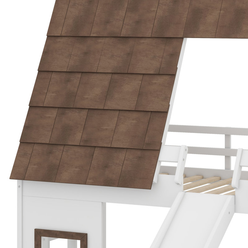 Wood House Bunk Bed With Roof, Ladder And Slide