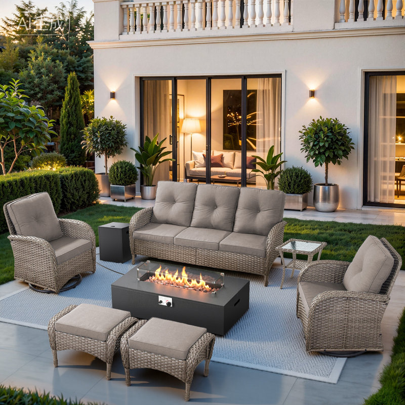 Bruner 7-Piece Swivel Wicker Rattan Patio Fire Pit Conversation Set With Hidden Tank Holder And Ottomans