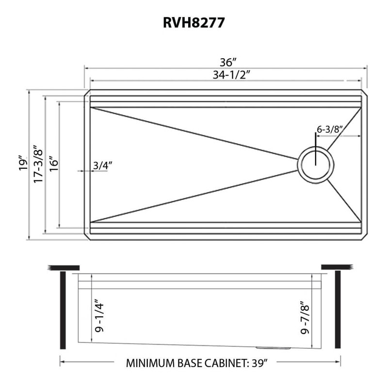 39" L x 19" W Undermount Kitchen Sink, 19" L x 36" W