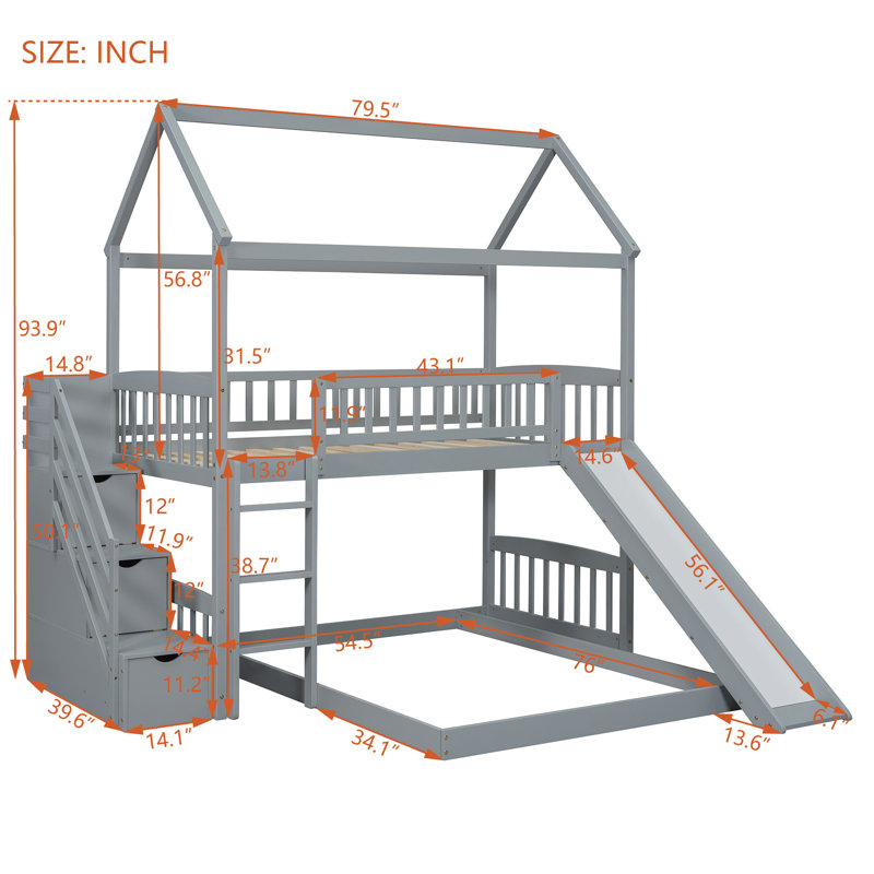 Lit simple superposé au dessus d'un lit double avec glissière et escalier de rangement, Gris