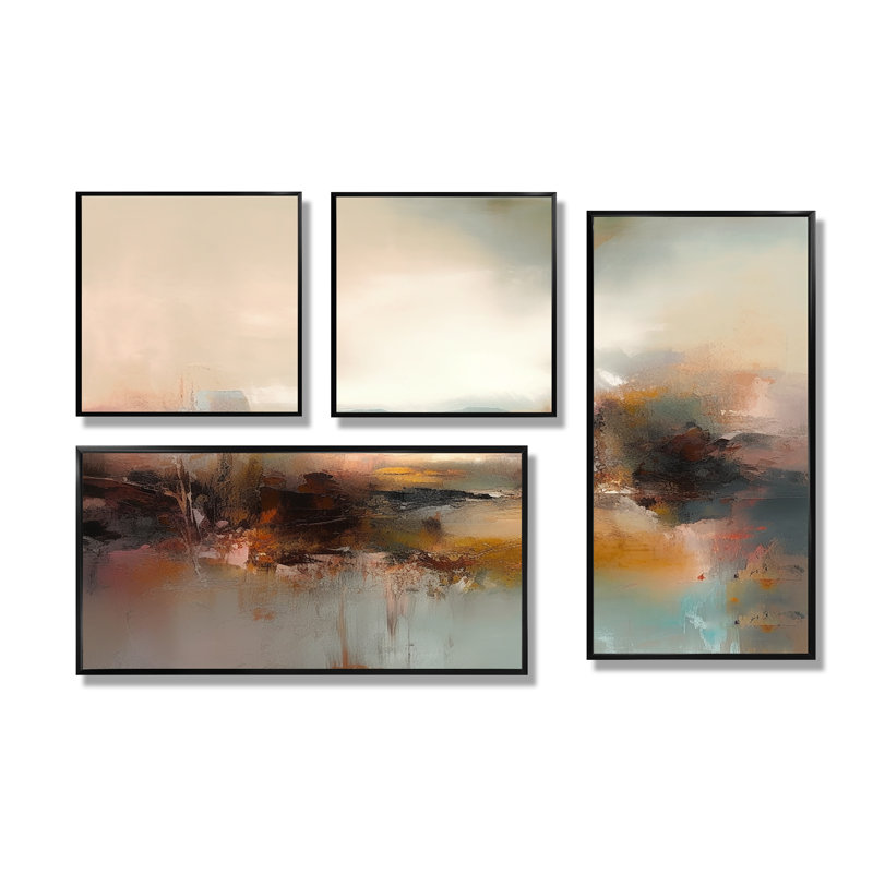 «Brown Abstracted Nature III», art mural abstrait 4 pièces, Impression encadrée sans passe-partout, Noir