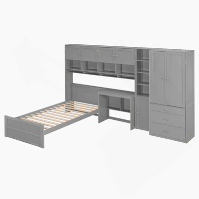 Wooden Twin Size Platform Bed With Integrated Desk, Storage, And LED Lighting, Perfect For Modern And Functional Bedrooms