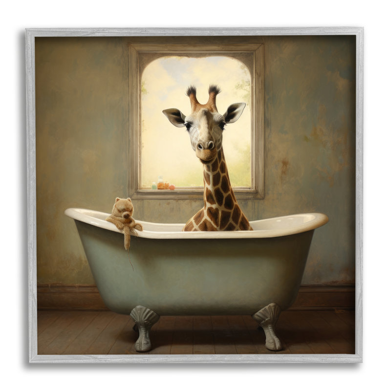 «Vintage Giraffe in Tub», reproduction d'art sur toile, Farmhouse Grey Framed Giclee, H 12 po x l 12 po