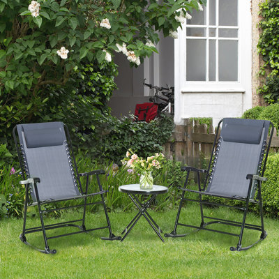 3 Piece Outdoor Rocking Chair , Patio Folding Table With Glass Coffee For Deck, Backyard, Grey Bistro Chairs And Yard