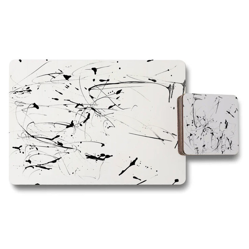 Placemat Coaster Set of 12 Abstract Art on White With Wood Backing Exclusive Print Technology