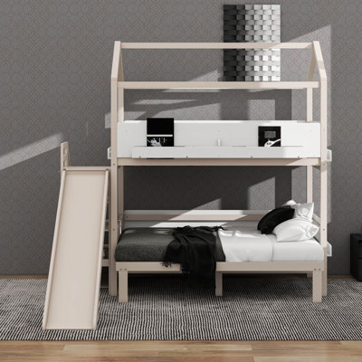 Lit superposé House avec glissière et escalier de rangement, structure de lit superposé simple au-dessus de simple / double en bois avec tablettes