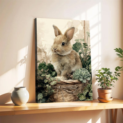 Tableau sur toile encadré « Lapin dans un panier », prêt à accrocher, pour salon, chambre ou décoration intérieure.