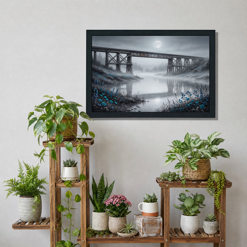 Tableau sur toile représentant un pont de bois au clair de lune orné de fleurs bleues, 20"H x 30"W