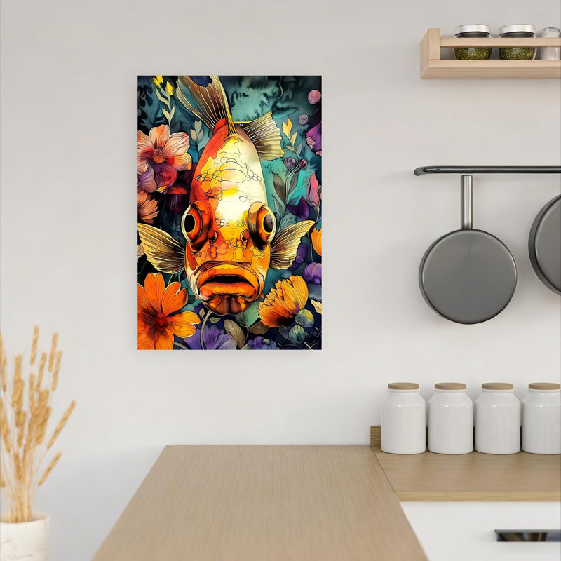 «Vibrant Floral Koi Contemporary Fish Flower», art mural, H 18 po x l 12 po