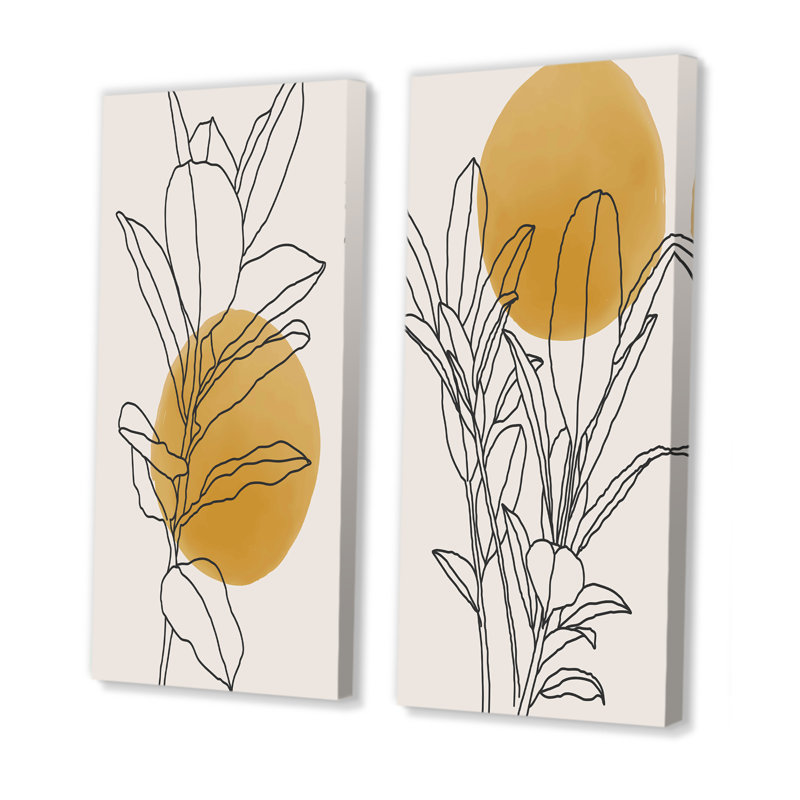 Branche botanique jaune avec feuilles I - ensemble de 2 peintures, Toile tendue, H 32 po x l 32 po, Sans cadre