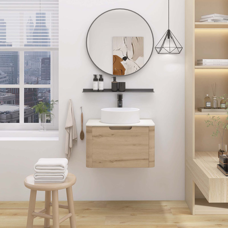 Meuble-lavabo mural en contreplaqué pré-assemblé avec plateau en pierre frittée, tiroir et lavabo rond en céramique, couleur grain de bois chêne blanc