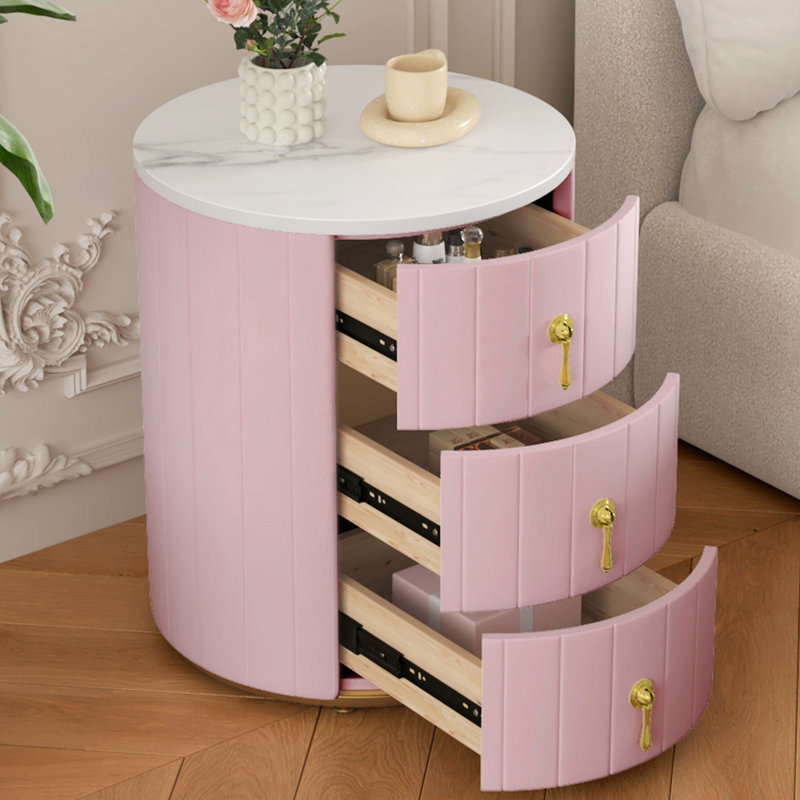 Table de chevet rembourrée à 3 tiroirs, Individuel, Rose