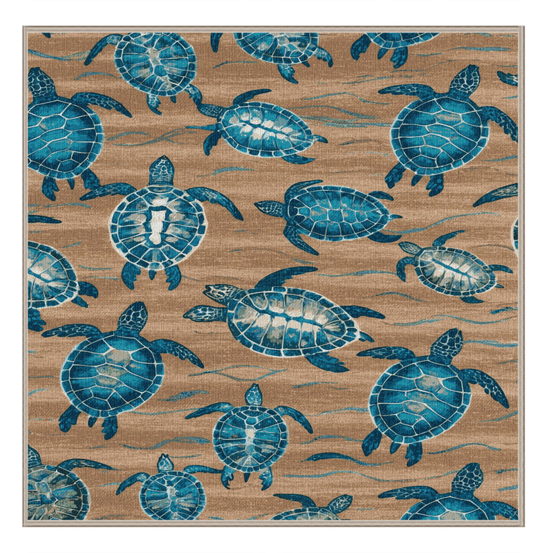 Washable Sea Turtle Migration Coastal Area Rug, Square 8'