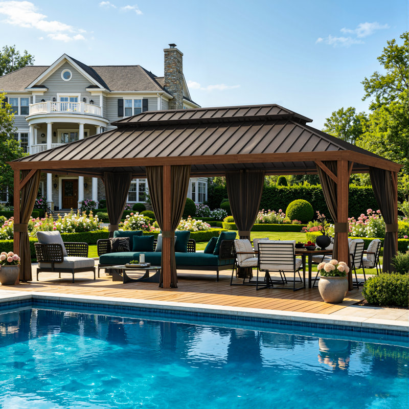 12x20ft.Hardtop Aluminum Gazebo with Galvanized Steel Double Roof, Mosquito Netting, Privacy Curtains & Ceiling Hooks – Wood Grain Outdoor Gazebo for Patio, Deck & Backyard